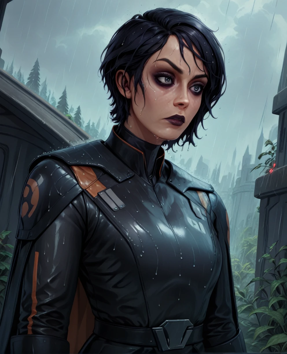 score_9,score_8_up,score_7_up,score_6_up, sabine wren ,,black hair, upper body, wet, armor,gloves,black bodysuit,black cape,belt,rain, science fiction,sith base, star wars, outdoors, rain, solo,fflixbag wearing armor sabine wren
