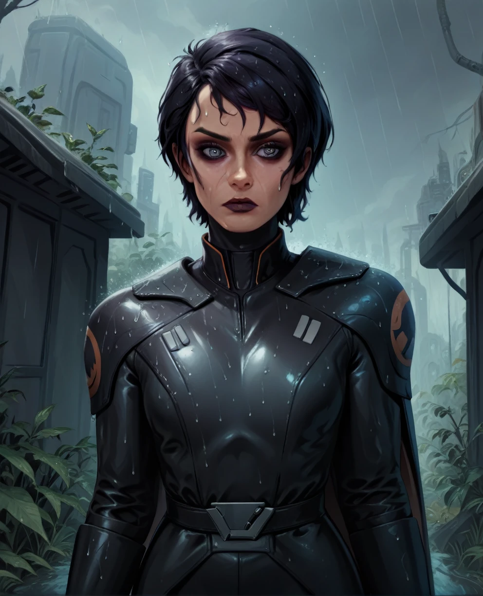score_9,score_8_up,score_7_up,score_6_up, sabine wren ,,black hair, upper body, wet, armor,gloves,black bodysuit,black cape,belt,rain, science fiction,sith base, star wars, outdoors, rain, solo,fflixbag wearing armor sabine wren
