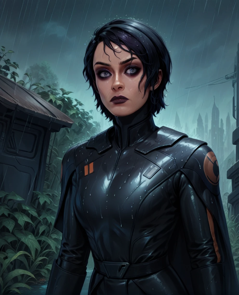 score_9,score_8_up,score_7_up,score_6_up, sabine wren ,,black hair, upper body, wet, armor,gloves,black bodysuit,black cape,belt,rain, science fiction,sith base, star wars, outdoors, rain, solo,fflixbag wearing armor sabine wren
