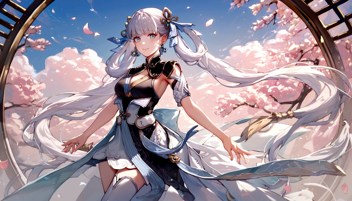 score_9, score_8_up, score_7_up, score_6_up, masterpiece, beautiful and aesthetic, centered, JinshiWW, long hair, twintails, hair rings, hair ornament, earrings, chinese clothes, two-tone dress, black dress, white dress, cleavage cutout, armlet, white thighhighs, dynamic cute pose, close up, smile, cute, vibrant color, chinese temple background, Expressiveh