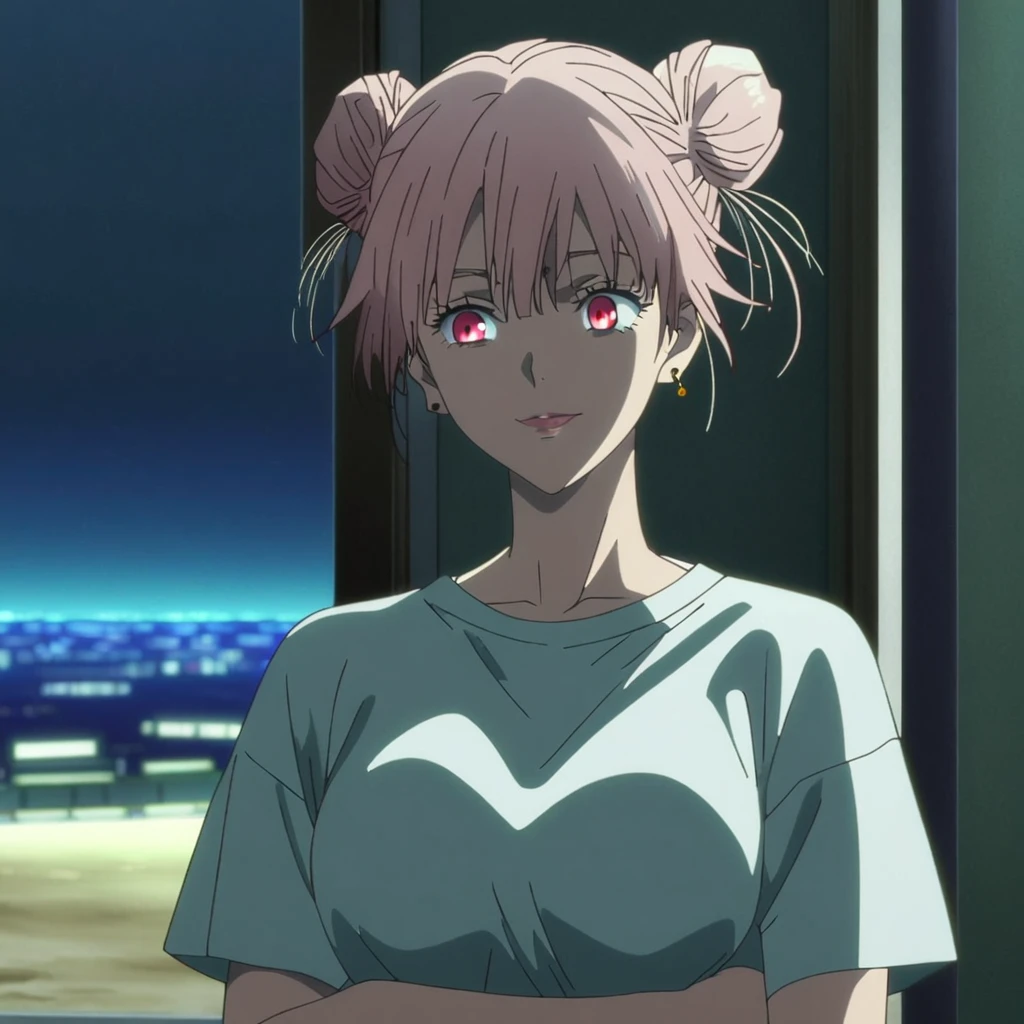 1girl, female gojo satoru, anime screencap from jujutsu kaisen, gojo satoru female version, solo, long_hair, Red eyes (silver_hair)), night view, (hanging breasts) upper_body, smile, indoors, book, red_eyes, lips, (hair bun) ((wearing Shirt, beach view)) breast, "very detailed and high resolution" (Red eyes) (cross arms)  (( hair bun, loose tendrils )) ((solo)) (front view) (earings) ((high resolution)) ((good quality)) 