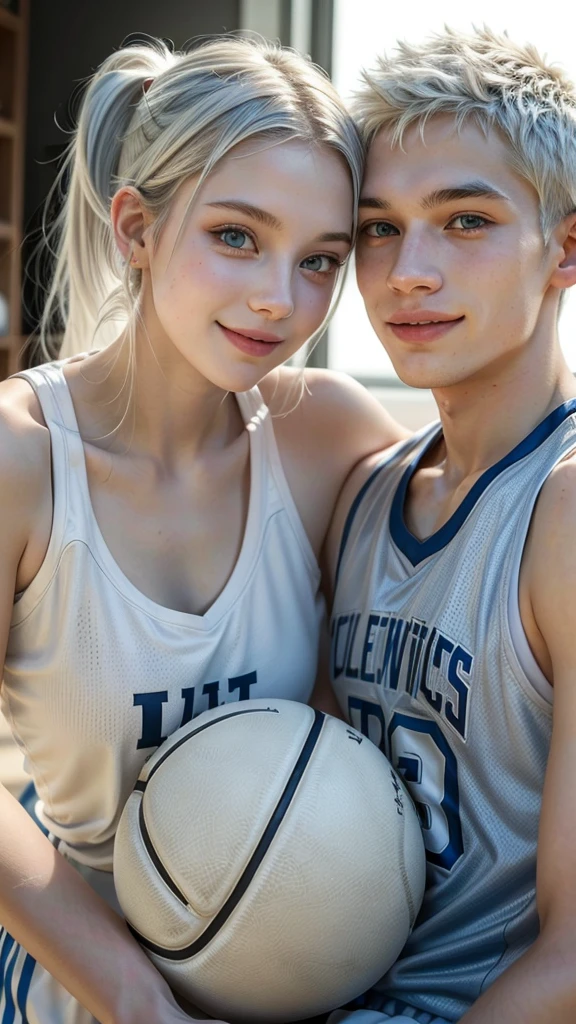 female teenager with white hair up , light blue eyes and white skin, basketball player holding his partner smiling