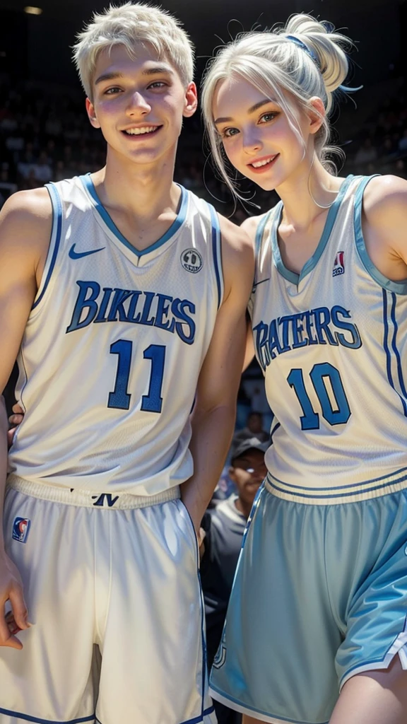 female ager with white hair up , light blue eyes and white skin, basketball player holding his partner smiling