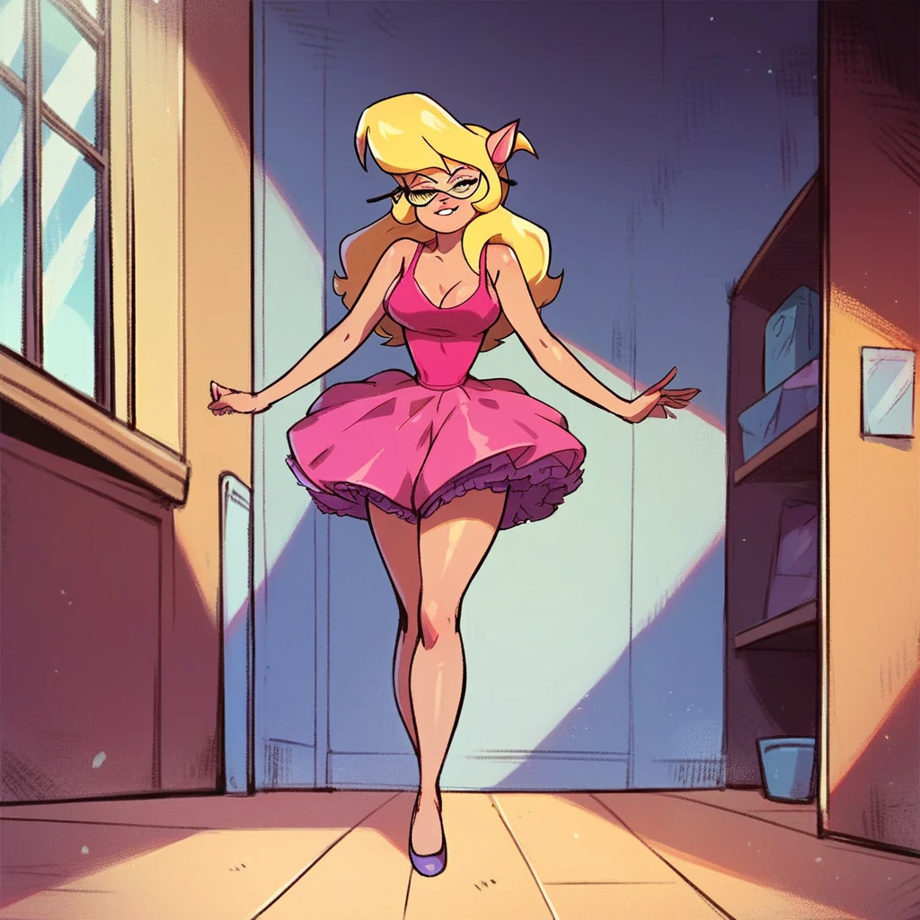 Callie briggs, 1girl solo, indoors, posing, bright pink tutu dress, frilly tutu, standing, long legs together, ballet slippers, thicc thighs, front view, seductive smile, solo,