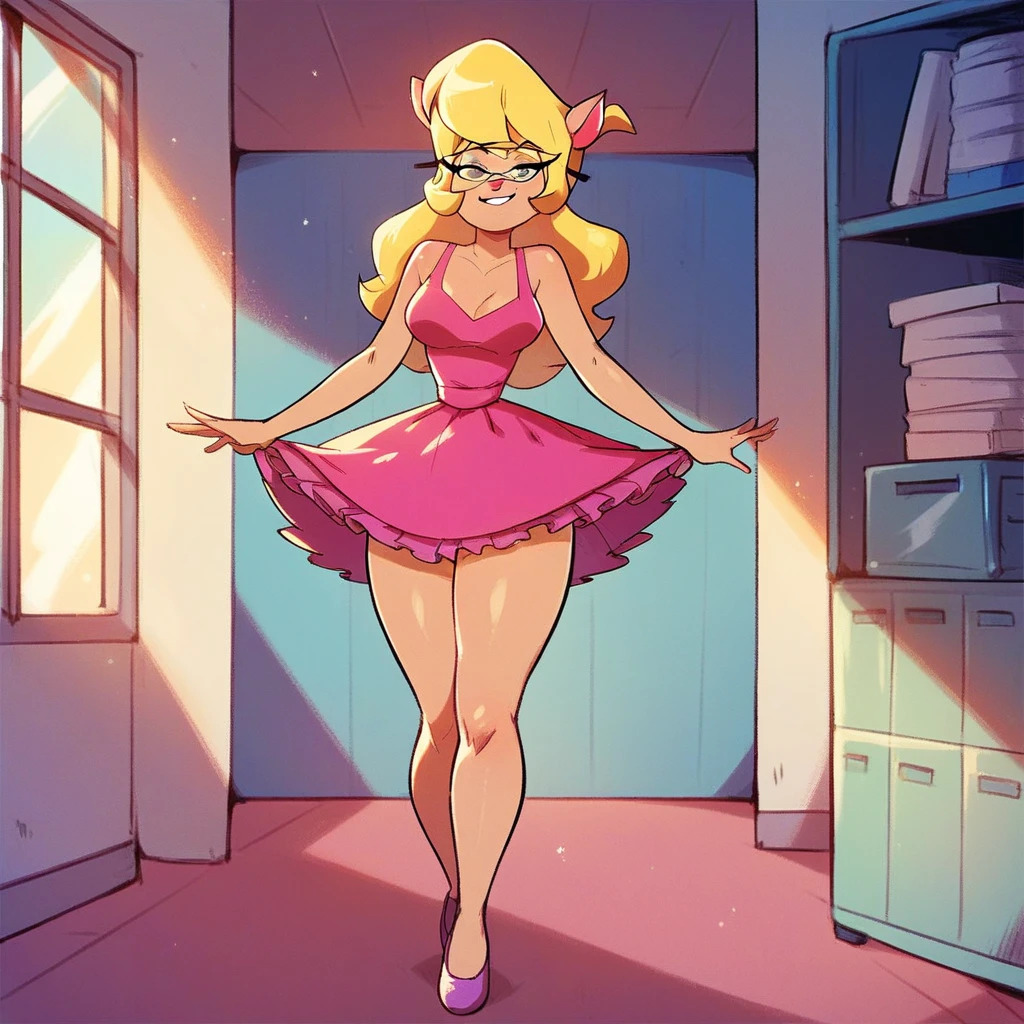 Callie briggs, 1girl solo, indoors, posing, bright pink tutu dress, frilly tutu, standing, long legs together, ballet slippers, thicc thighs, front view, seductive smile, solo,
