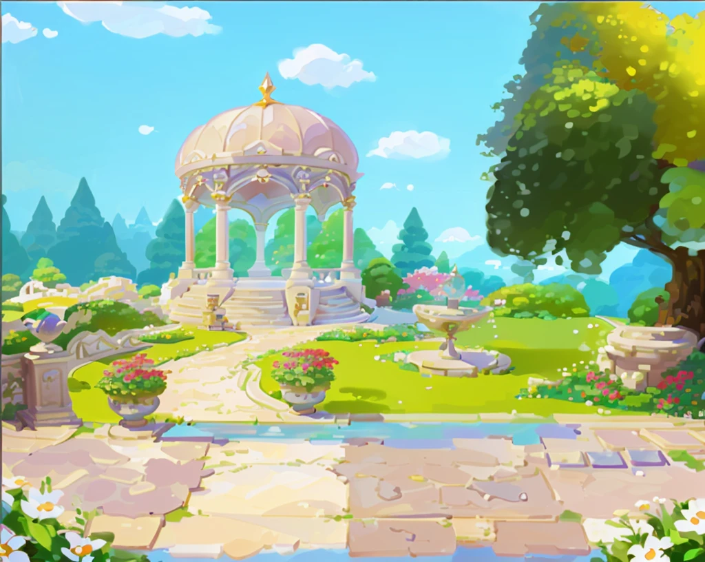 there is a gazebo in the middle of a garden with flowers, royal garden background, palace background, background art, park background, background artwork, garden background, fairy tale style background, mobile game background, royal garden landscape, temple background, sunny park background, town center background, ballroom background, castle background, background depicting a temple, stunning arcanum backdrop