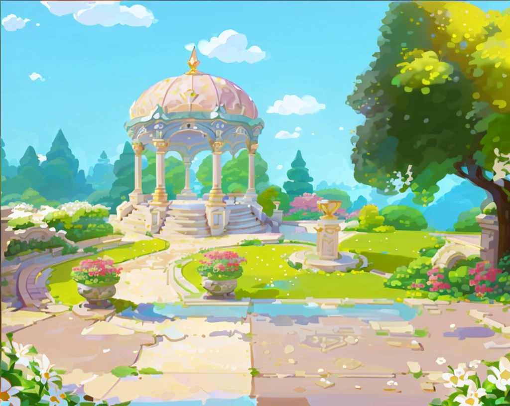 there is a gazebo in the middle of a garden with flowers, royal garden background, palace background, background art, park background, background artwork, garden background, fairy tale style background, mobile game background, royal garden landscape, temple background, sunny park background, town center background, ballroom background, castle background, background depicting a temple, stunning arcanum backdrop