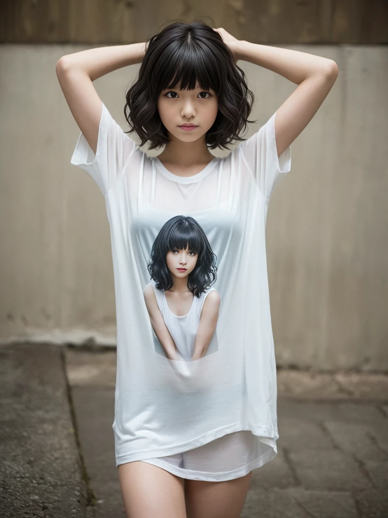 Landscape,Raise your arms,Emphasize the sides,(Highest quality, Very detailed, masterpiece:1.2), 1 women, Very thin body, length, Thin legs, ((Black wavy short layered cut hair hair:1.2)), ((Thick and fluffy bangs)), Very detailedな,((Over Size Tシャツ))