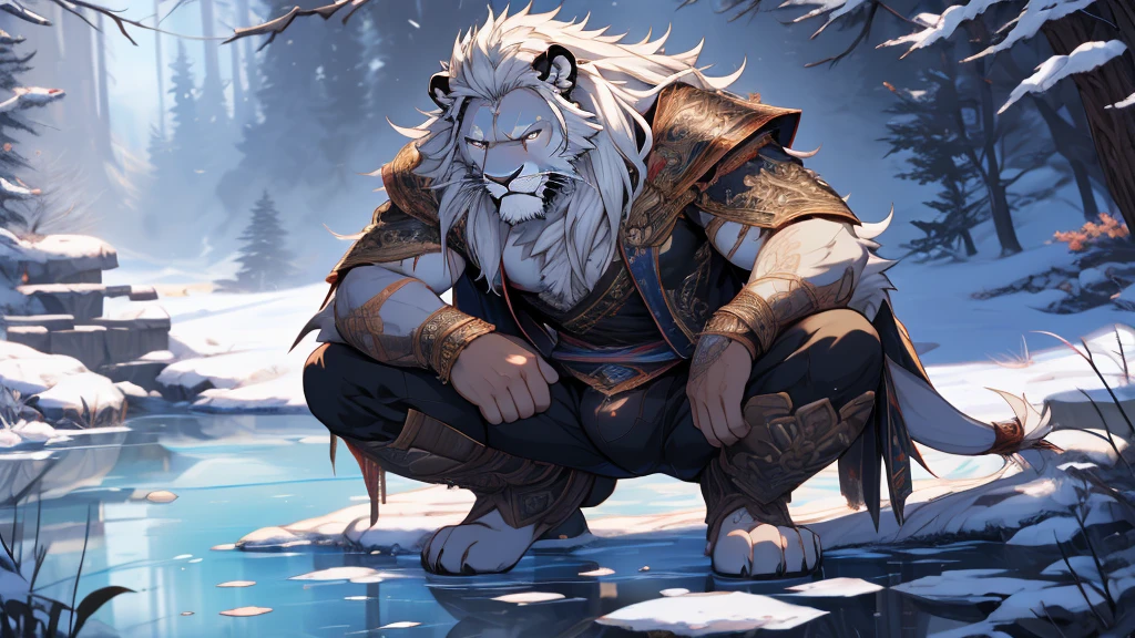 (masterpiece),(highres),(intricate details:1.4),extremely detailed,(illustration:1.2),8k,photorealistic,exquisite,solo,aged,elder male lion ,muscular,swordsman,manhood ,safeguard,(white hair:1.3),long hair,long white beard,scar,badly damaged,hurt,broken body ,the icey frozen lake,bleeding ,suffering,naked body ,crouching bulge,sexy