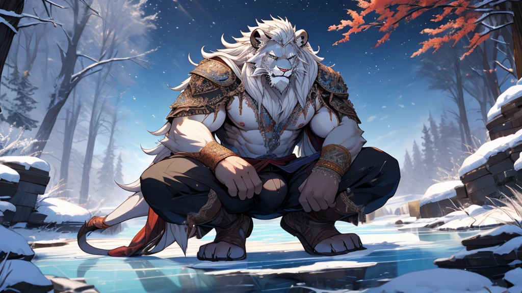 (masterpiece),(highres),(intricate details:1.4),extremely detailed,(illustration:1.2),8k,photorealistic,exquisite,solo,aged,elder male lion ,muscular,swordsman,manhood ,safeguard,(white hair:1.3),long hair,long white beard,scar,badly damaged,hurt,broken body ,the icey frozen lake,bleeding ,suffering,naked body ,crouching bulge,sexy