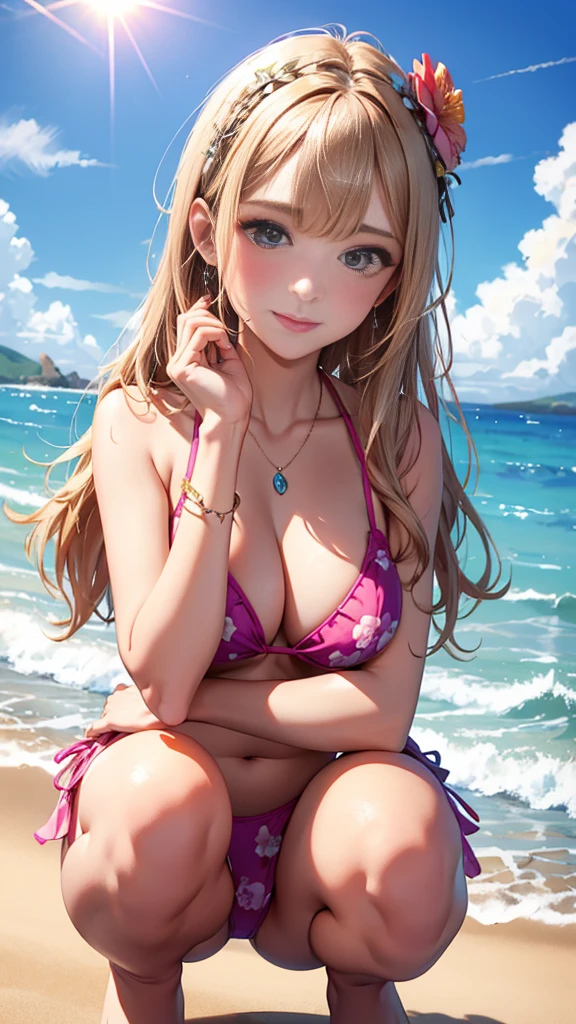 ((Highest quality、Tabletop、8K、Best image quality))、((Beautiful trio:1.3))、(1 photo:1.2)、Stand on the beach、Hair swaying in the wind、The most detailed and complex beautiful sea、Beautiful transparent sea、Beautiful sunny sky、Beautiful thunderclouds、bracelet、necklace、hair ornaments, Colorful decorated bikini、Fancy decoration、Purple micro bikini、Floral bikini ornament、big ruffle bikini、Patterned bikini、Upper body photo、Slender and Big Breasts、Blonde、Brown Hair、もBeautiful transparent sea、sunlight、Lens flare、Sunburned skin、smile、(((squat:1.3)))、Big Breasts,please put your hands on the ground