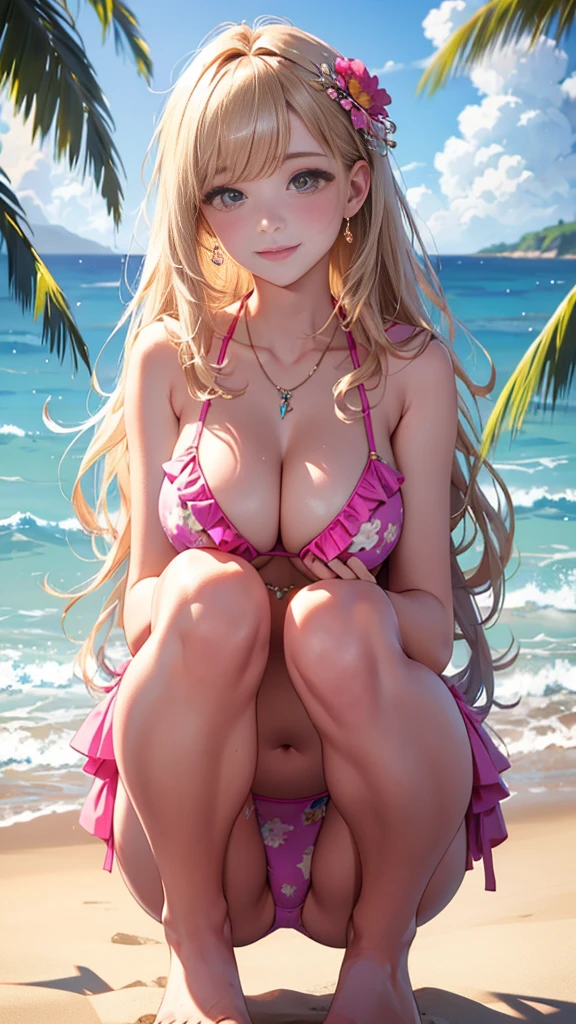 ((Highest quality、Tabletop、8K、Best image quality))、((Beautiful trio:1.3))、(1 photo:1.2)、Stand on the beach、Hair swaying in the wind、The most detailed and complex beautiful sea、Beautiful transparent sea、Beautiful sunny sky、Beautiful thunderclouds、bracelet、necklace、hair ornaments, Colorful decorated bikini、Fancy decoration、Purple micro bikini、Floral bikini ornament、big ruffle bikini、Patterned bikini、Upper body photo、Slender and Big Breasts、Blonde、Brown Hair、もBeautiful transparent sea、sunlight、Lens flare、Sunburned skin、smile、(((squat:1.3)))、Big Breasts,please put your hands on the ground