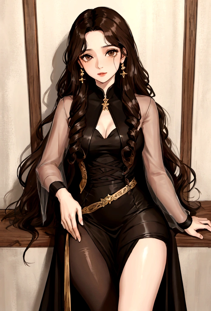 girl, YOUNG, Women, long curly black hair, long hair, curly hair, Brown eyes, hazel eyes, pale skin, clothing dress, flores, light brown eyes, sexy, sensual.