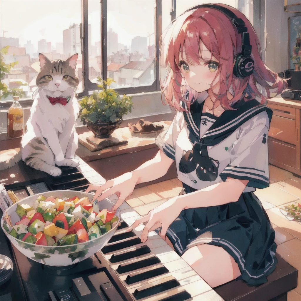 Anime girl playing piano with a bowl of vegetable salad and a cat, smile,80s atmosphere,Lo-fi Girl, Lofi Art, Portrait of Rofi, Lofi Artstyle, Lofi Color, Cool vibes, Anime Style 4k, Anime atmosphere, Cool vibe, lofi album art, Chill Hop, Lo-fi feeling, Lo-fi art, Lo-fi Girl aesthetic