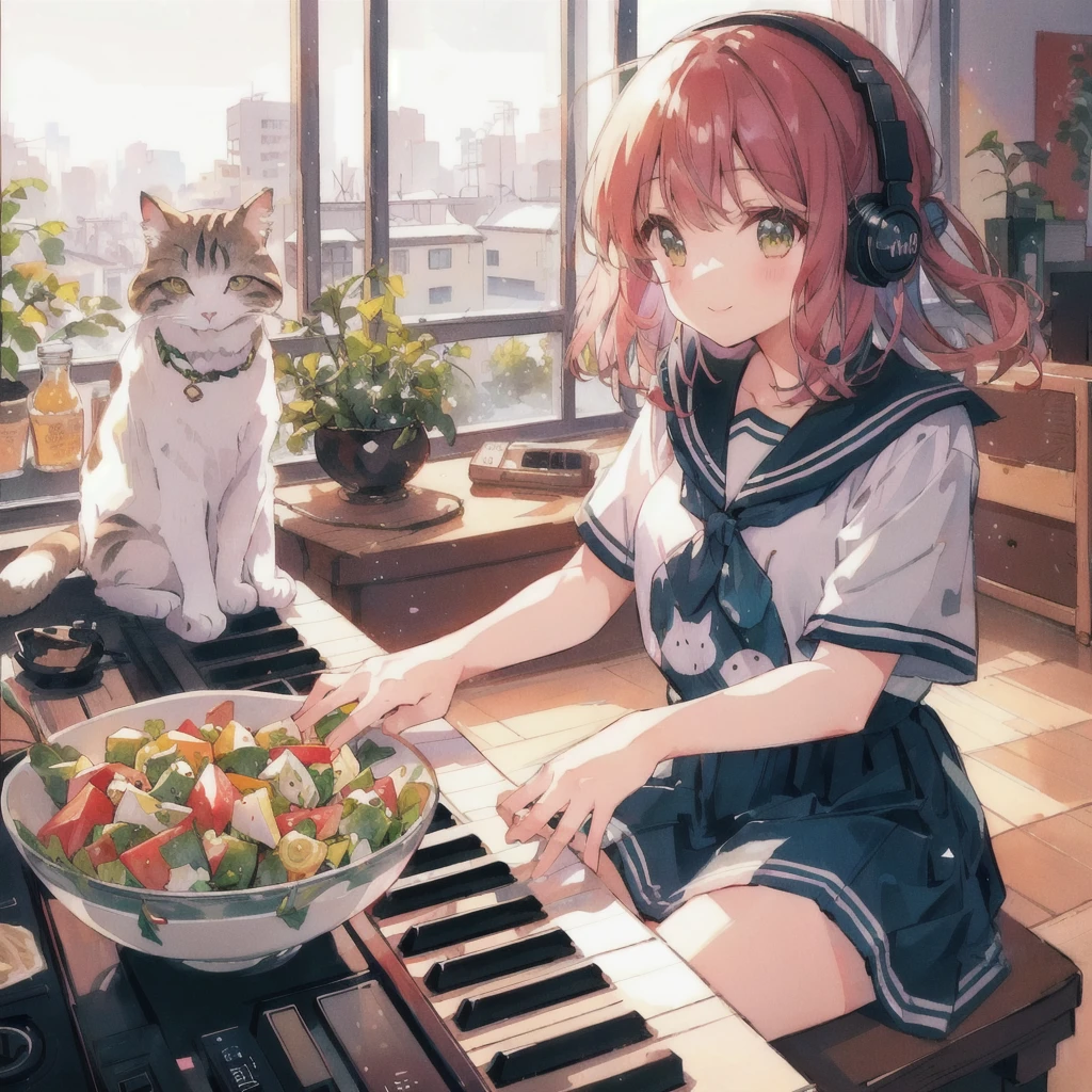Anime girl playing piano with a bowl of vegetable salad and a cat, smile,80s atmosphere,Lo-fi Girl, Lofi Art, Portrait of Rofi, Lofi Artstyle, Lofi Color, Cool vibes, Anime Style 4k, Anime atmosphere, Cool vibe, lofi album art, Chill Hop, Lo-fi feeling, Lo-fi art, Lo-fi Girl aesthetic