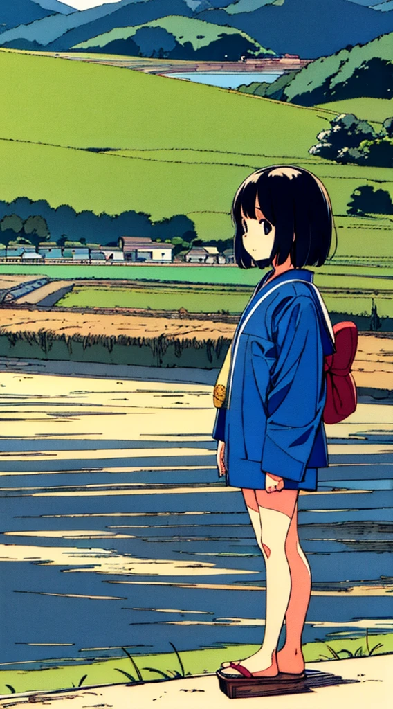 Japanese summer, nostalgic, nature, rice field, a girl in a sailor suit standing on the side of the road