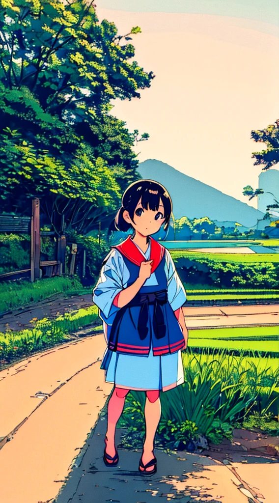 Japanese summer, nostalgic, nature, rice field, a girl in a sailor suit standing on the side of the road
