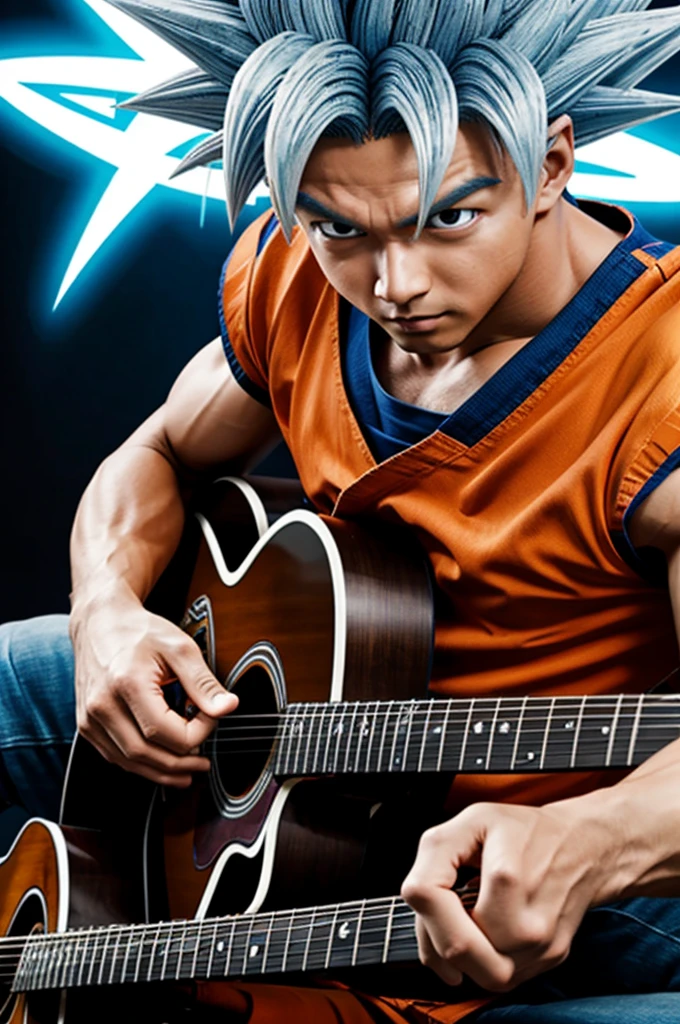 Goku playing guitar with ultra instinct 