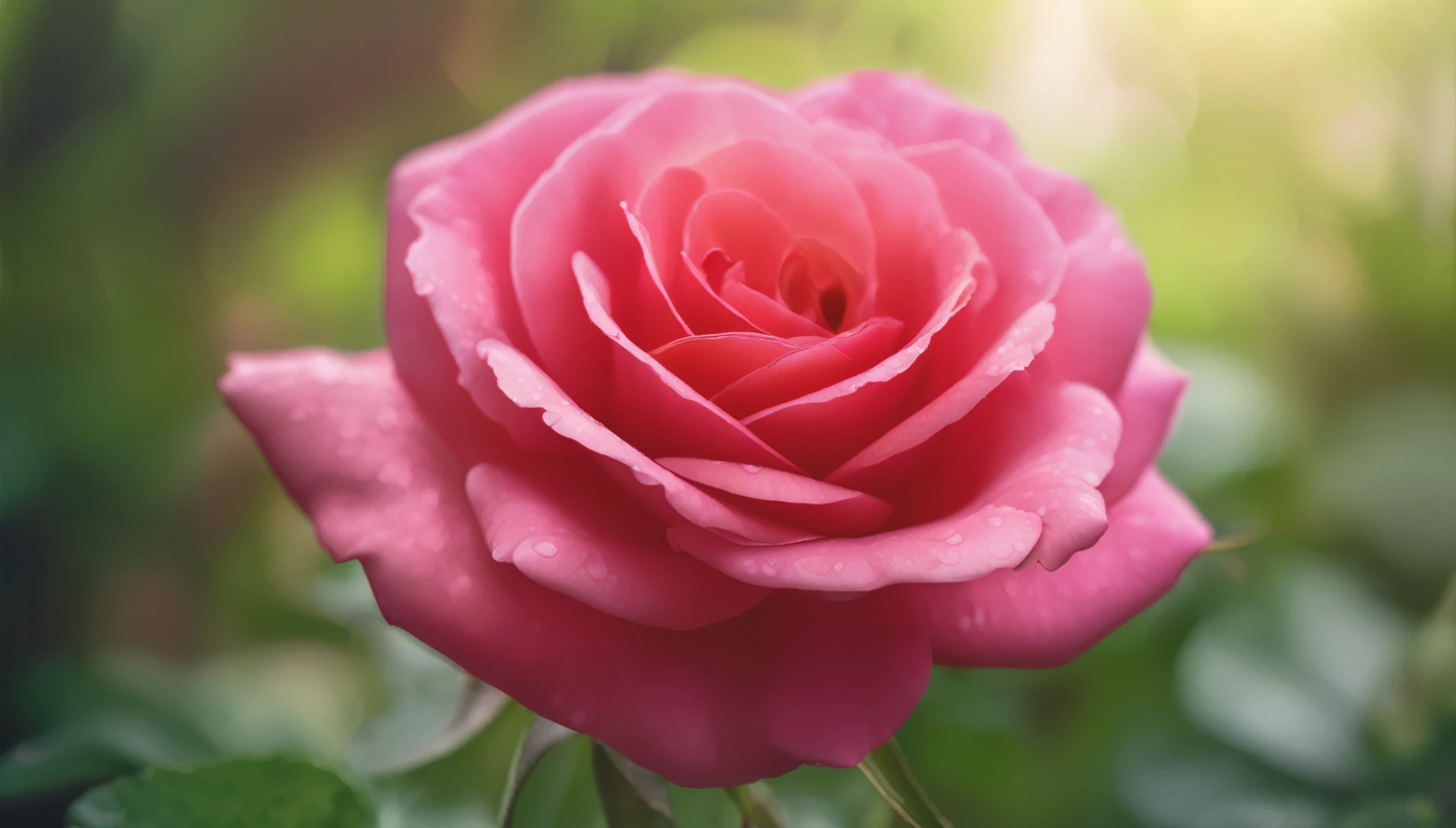 Close-up of vivid red and pink rose centered in the frame, soft focus on surrounding lush green foliage, defocused background creating a bokeh effect, nature's palette in full display, natural light, ultra fine details, digital painting