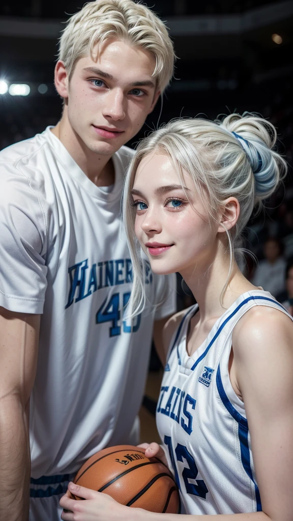 female teenager with white hair up , light blue eyes and white skin, basketball player holding his partner smiling