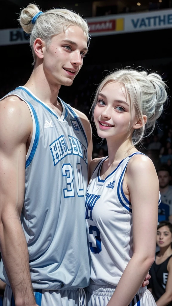 female ager with white hair up , light blue eyes and white skin, basketball player holding his partner smiling
