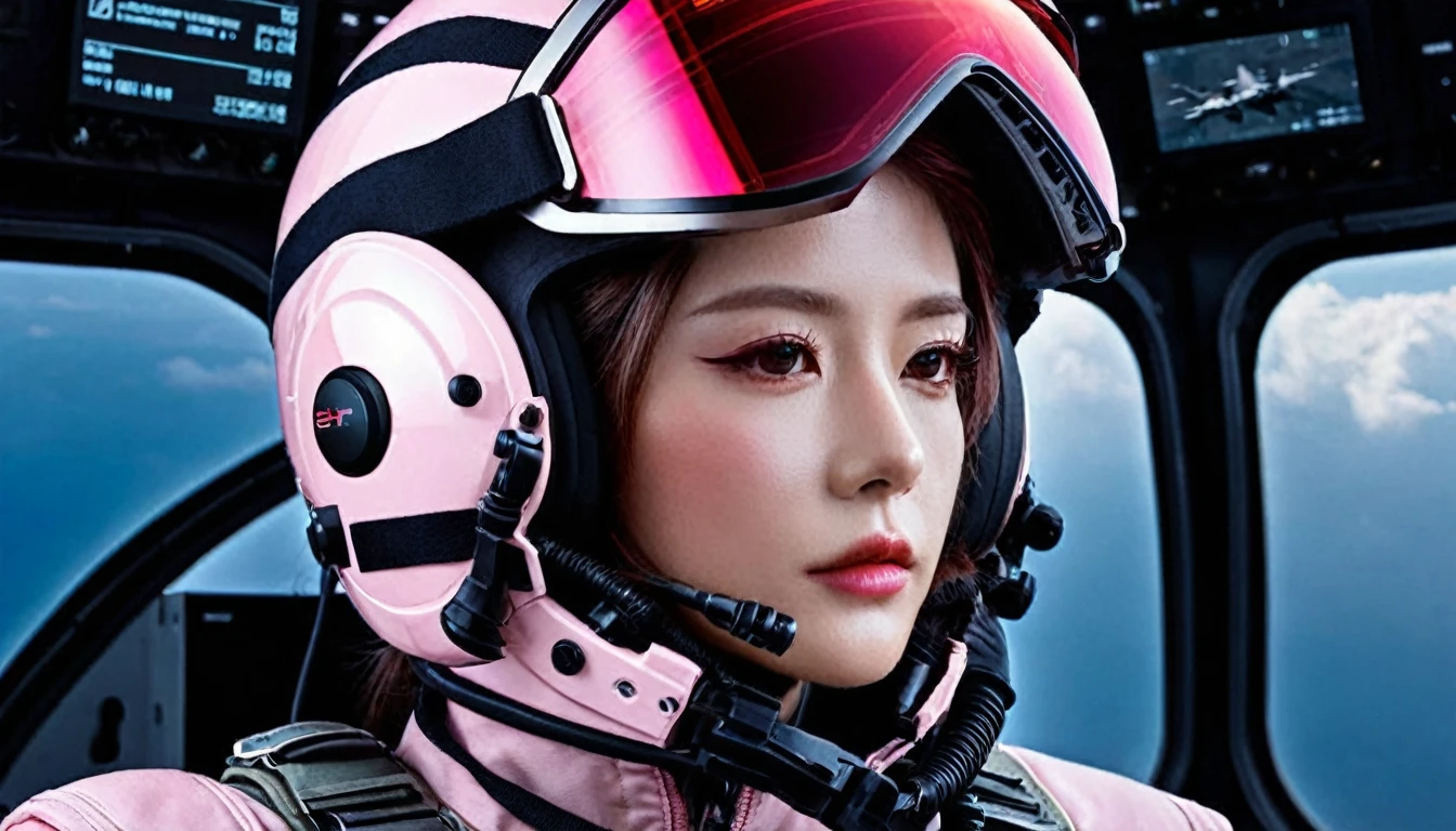 One girl, (Beautiful Face), Female fighter jet pilot, Holding a pilot pink helmet with LED interactive screen and HUD head up display on the visor, Visor-displayed targeting system, Communication Systems, Red Glasses、Open the visor, Sexy pose, Floating Hair, Are standing, (Upper thigh shot:1.3), DT Helmets, Pink combat suit, Advanced Fighter Background, (Intricate details), High resolution, (Intricate details, Ultra-detailed:1.2), Cinematic shots, ((masterpiece, high quality, 最high quality, Official Art, Beautiful and aesthetic, Detailed face, Fine grain、Red Glasses)),