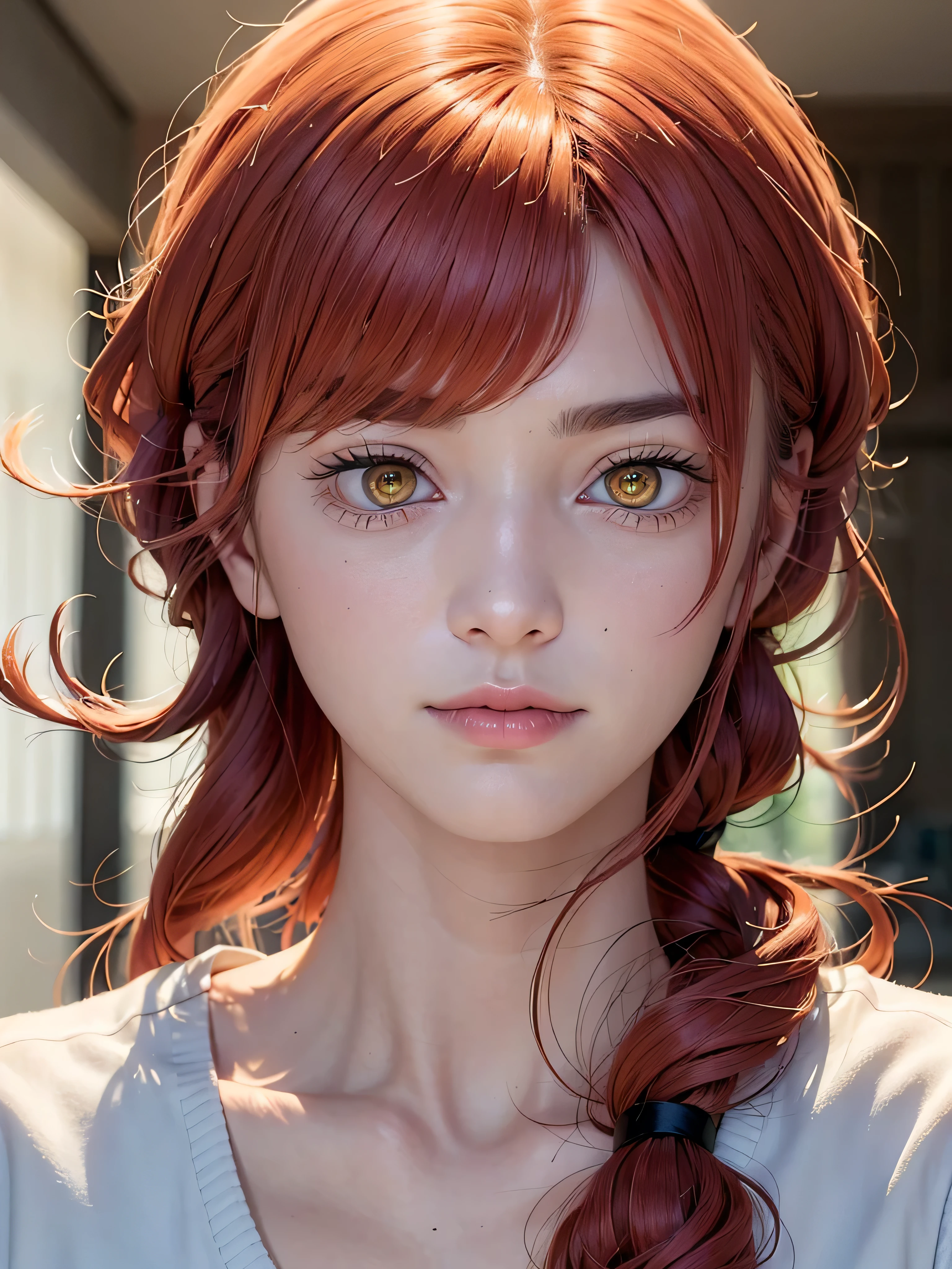 Masterpiece, Best Quality, Portrait, (Solo), Makima \ (Chainsaw Man \), (20yo, Mature Cool and Beautiful Face), Standing, (Redhead), (Bright Glowing Eyes: 1.4), (Golden Eyes: 1.3), Bangs, Medium, White Shirt, Tie, Staring, (Disgust, Smile), (Evil: 1.2), Staring at the Viewer, (Narrow Eyes), High Definition, (Staring at the Viewer: 1.15), dark background, background blur,