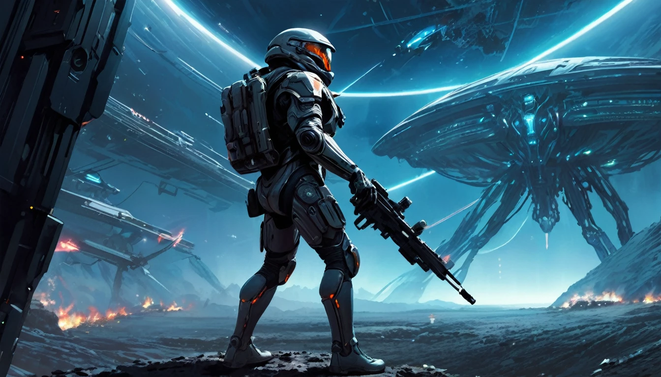 1man, soldier, futuristic combat suit, high-tech future firearm, the background is a space war with thousands of soldiers fighting against aliens, masterpiece, best quality, super detailed and vivid colors