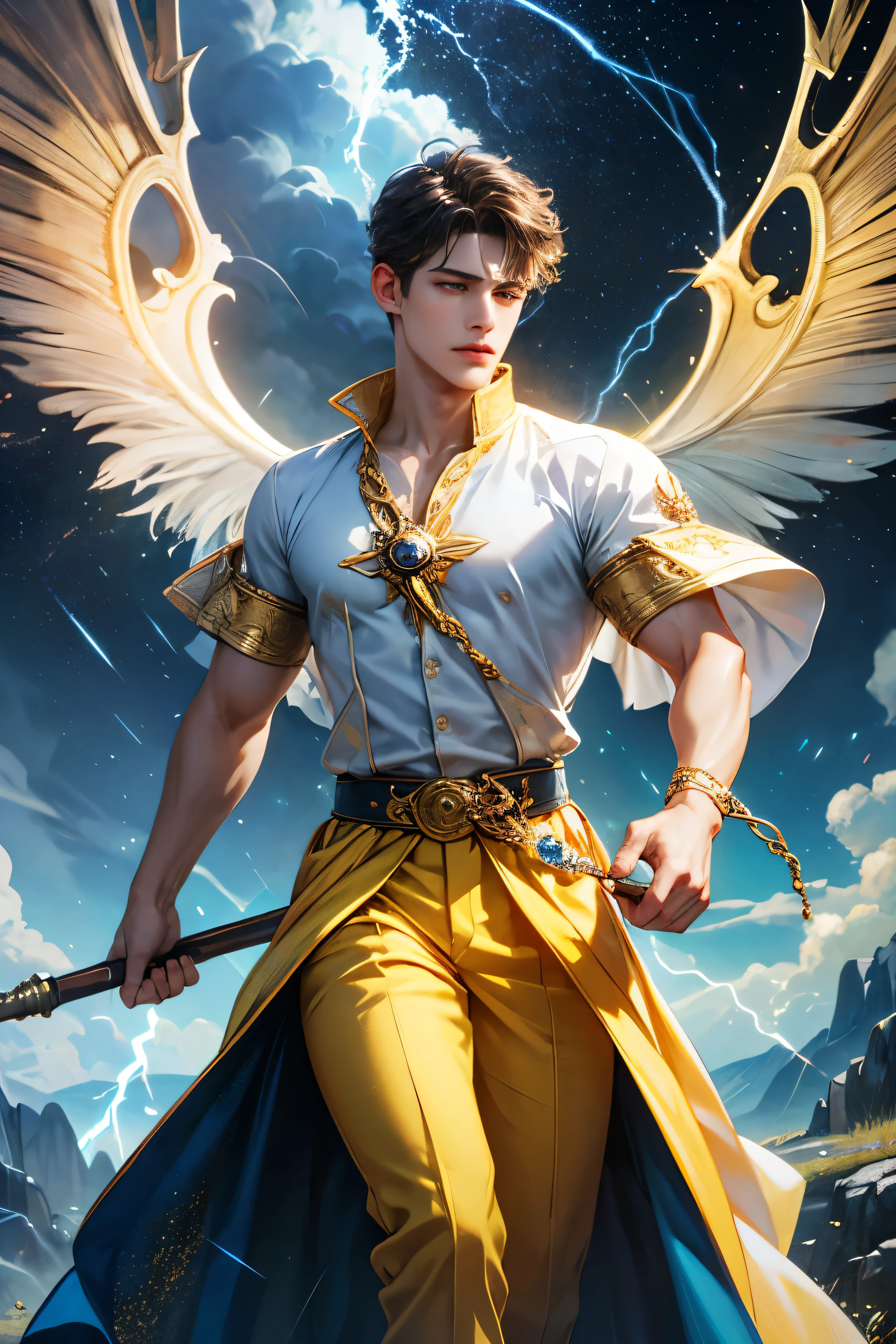 "Create an ultra-realistic image of a handsome, young male fairy, around 13 years old, with magnificent large wings that capture the essence of the sky and thunder. He should be holding a magical staff that emanates the energy of the sky and crackling thunder. Dress him in an elegant, varied yellow outfit that reflects the brilliance and dynamism of the sky. Surround him with elements like swirling clouds and flashes of lightning to showcase his connection to these elements. Include a distinct sky or thunder symbol or design on his body, signifying his role as the keeper of the deep sky and thunder, and highlighting the powerful celestial energy he embodies within him."