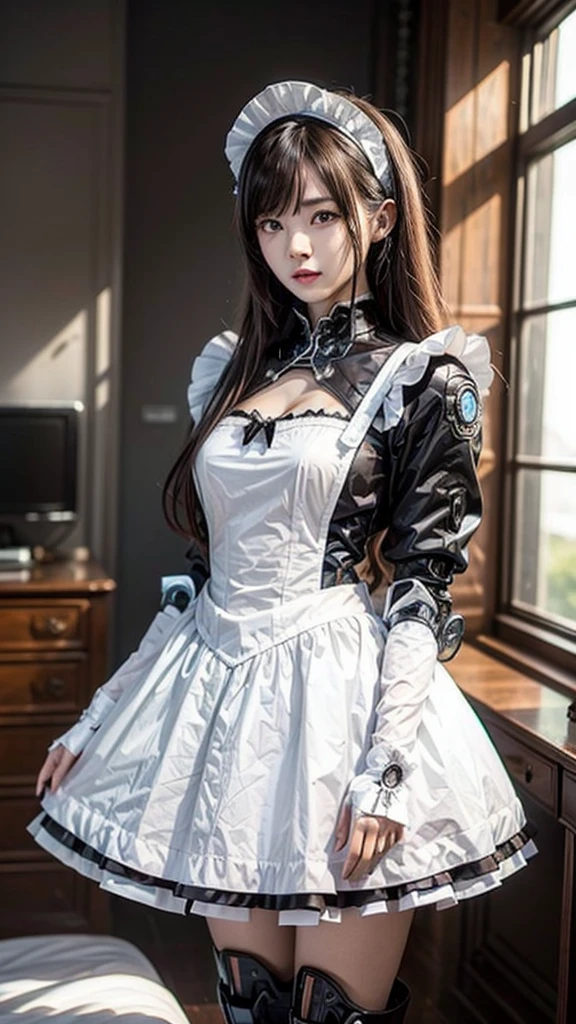 Very detailed, Advanced Details, high quality, 最high quality, High resolution, 1080P, HD, 4K, beautiful,(Machine),beautiful cyborg mixed maid female, Mecha Cyborg Girl,Mecha Body Girl,She is wearing a futuristic mech, victorian maid dress, from the front, From the skirt up,A cute room for children, bed room, bed,