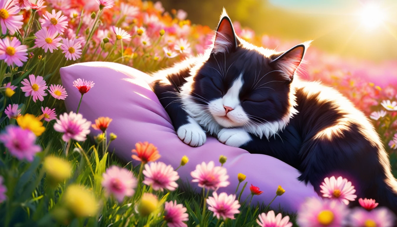 C4tt4stic, (photography film style), anthropomorphic cute Cat Napping in a Flower Field, Colorful flowers, soft grass, a small pillow for the cat, cute bright flower field with sunlight streaming in, Lying down with eyes closed, looking content and peaceful, Relaxation and tranquility in nature, 2D, colorful, warm atmosphere, shiny