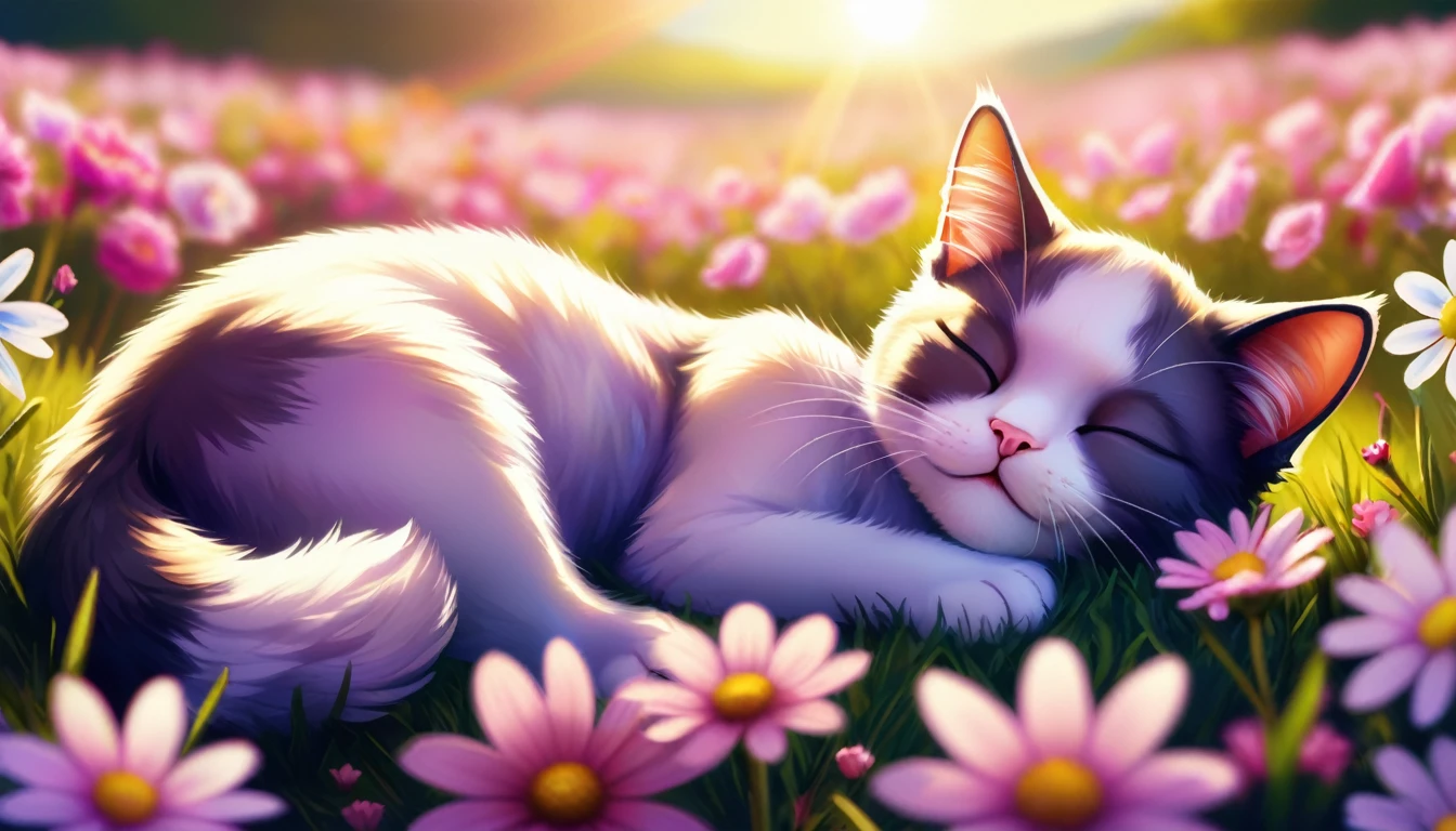 C4tt4stic, (photography film style), anthropomorphic cute Cat Napping in a Flower Field, Colorful flowers, soft grass, a small pillow for the cat, cute bright flower field with sunlight streaming in, Lying down with eyes closed, looking content and peaceful, Relaxation and tranquility in nature, 2D, colorful, warm atmosphere, shiny