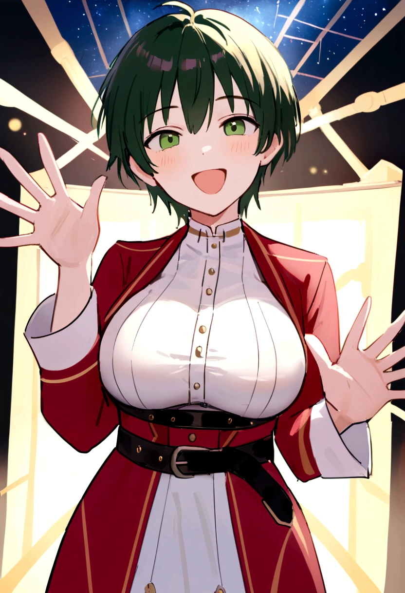 work of art, best qualityer, Harada Makoto, greeneyes, body rosa, waist belt, Breasts huge, trunk, gazing at viewer, Spacial station, ssmile, :d, waving