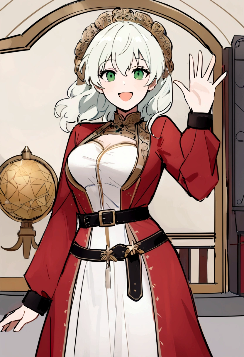 work of art, best qualityer, Harada Makoto, greeneyes, body rosa, waist belt, Breasts huge, trunk, gazing at viewer, Spacial station, ssmile, :d, waving