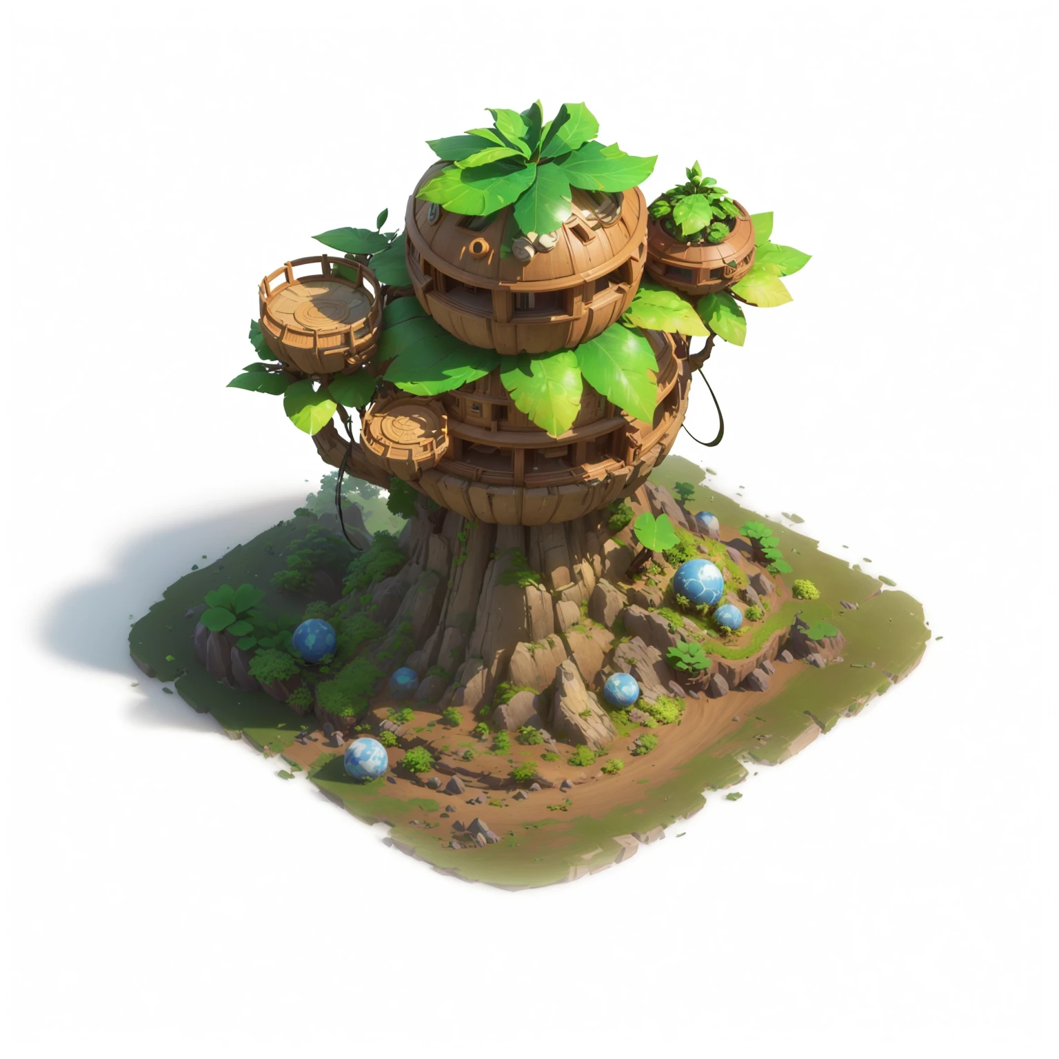 There is a small tree，There is a spherical building on top， Contains tree props, Game assets of plant and tree, stylized concept art, Stylized game art, Bonsai Tree House, Game image, 3D rendering style, Stylized 3d rendering, Stylized as 3D rendering, Game assets