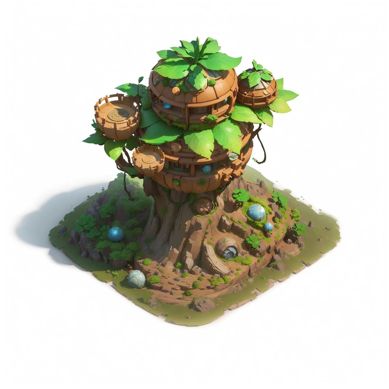 There is a small tree，There is a spherical building on top， Contains tree props, Game assets of plant and tree, stylized concept art, Stylized game art, Bonsai Tree House, Game image, 3D rendering style, Stylized 3d rendering, Stylized as 3D rendering, Game assets