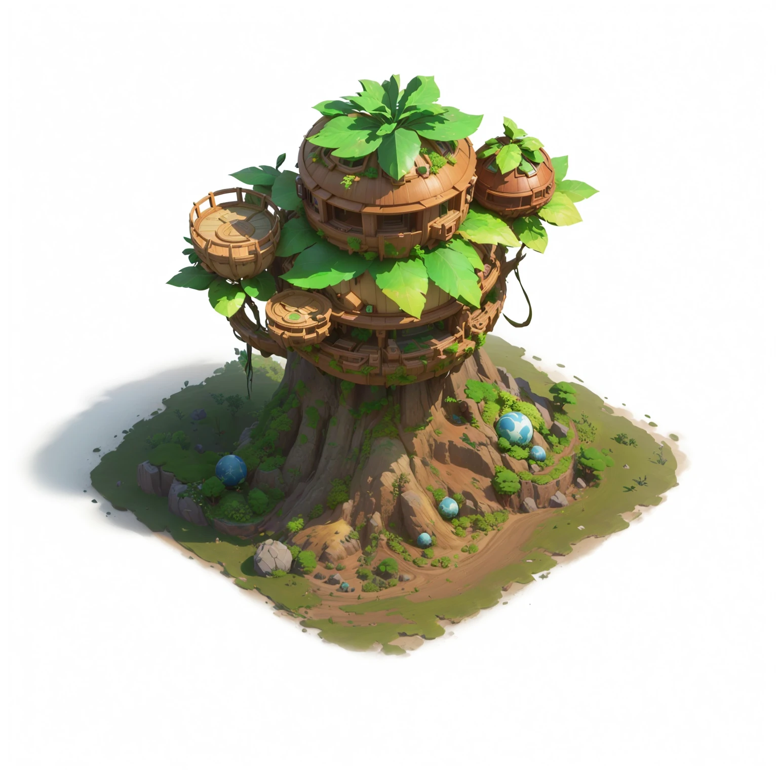 There is a small tree，There is a spherical building on top， Contains tree props, Game assets of plant and tree, stylized concept art, Stylized game art, Bonsai Tree House, Game image, 3D rendering style, Stylized 3d rendering, Stylized as 3D rendering, Game assets