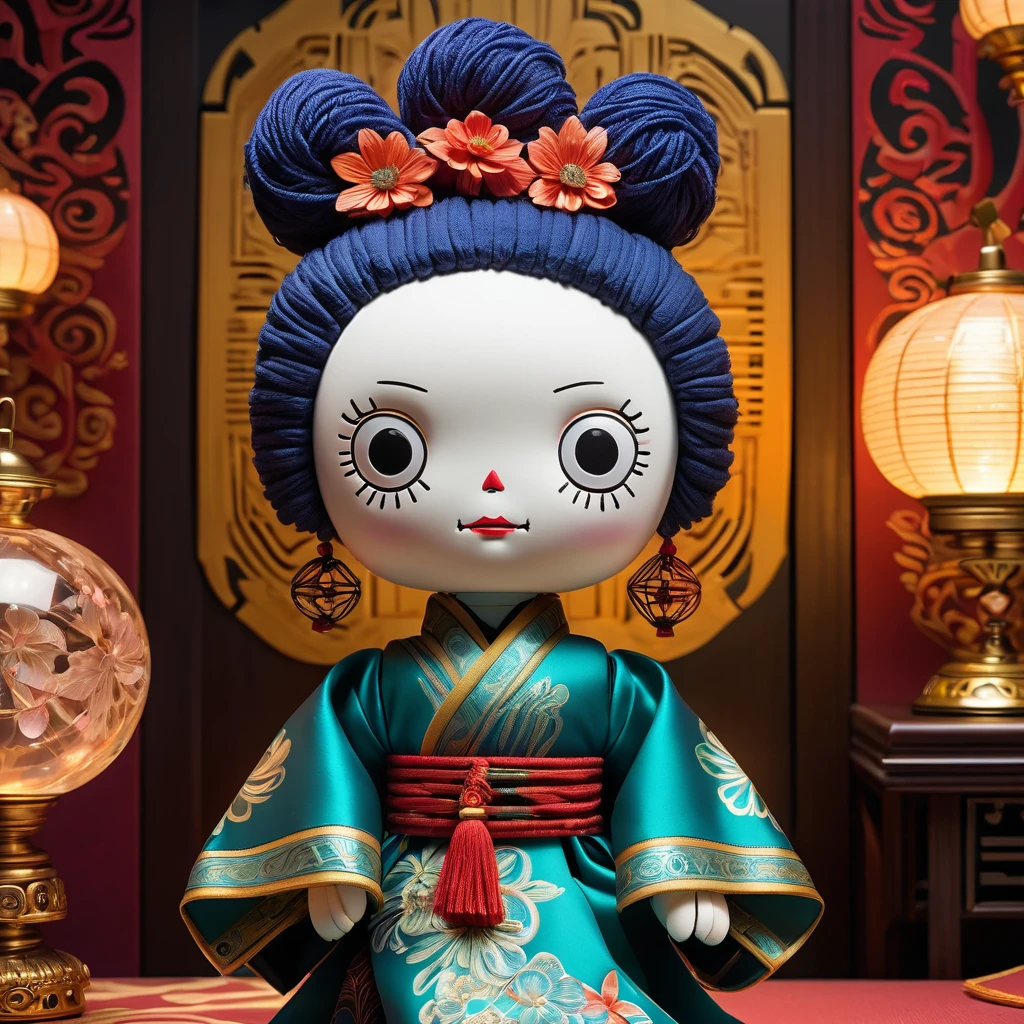 (knitted toy voodoo doll:1.7), (Voodoo as Yubaba from Spirited Away:1.3), (Clothing: elaborate kimono with intricate patterns:1.0), (Accessories: enchanted crystal ball emitting a mystical glow, floating paper shikigami:1.1), (background: opulent bathhouse office with gold accents, ornate furniture, and an imposing atmosphere:1.2), best quality, masterpiece, detailed soft oil painting, detailed background, dramatic cinematic lighting, soft edge lighting, professional, dramatic lighting, hard edge lighting, ultra quality, 4k,masterpiece, best quality, 8k, ultra highres, highres, extremely detailed
