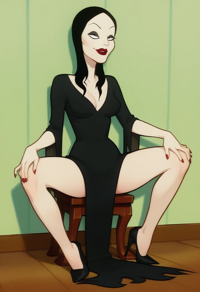 score_9, score_8_up, solo, 1girl, xmortaddx, black eyes , black hair, long hair, pale skin, makeup, lipstick, red lips, black dress, breasts, sitting, full body, spread legs, seductive smile, 