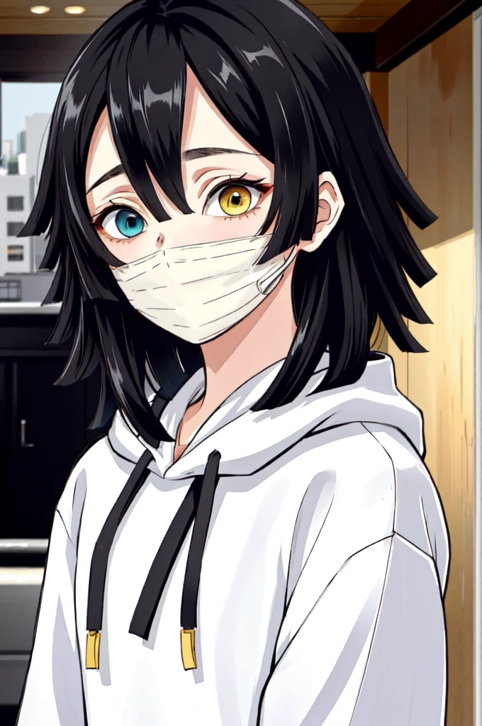 1girl, heterochromia, black hair, yellow eyes, outdoors, blue eyes, hair between eyes,  bangs, iguro obanai, female focus, upper body, hoodie, indoors, cafe, medium hair, 