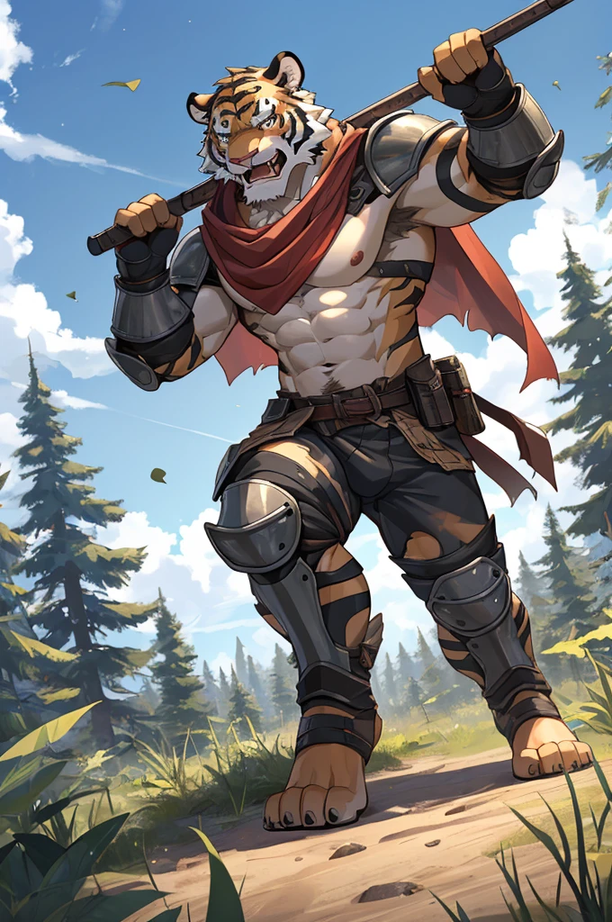 Tiger,Young Adults,Strong,handsome,warrior,Sexy body,毛茸茸的Tiger爪,Scantily clad(Scapula,Armor knee pads,Crotch bulge,The genitals are extremely prominent,The outline of the genitals is clearly visible,Red torn shawl,Bare chest and abdomen,Bare thighs,barefoot),expression(vigilante,Gnashing of teeth),action(Standing,vigilante),Alone,Looking angrily at the camera,Challenge the camera character to a duel,environment(Clearing in open forest,There are sparse low weeds around,There are pine trees in the distance)