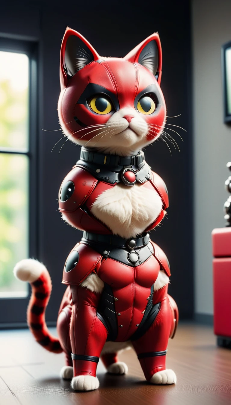 DeadpoolStyle cat body, 24mm, (analog, cinematic, film grain:1.3), Bokeh DOF, (Masterpiece:1.3) (best quality:1.2) (high quality:1.1)