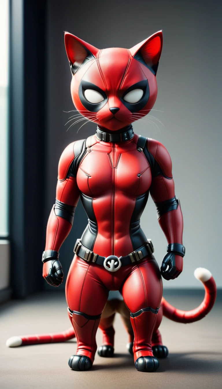 DeadpoolStyle cat body, 24mm, (analog, cinematic, film grain:1.3), Bokeh DOF, (Masterpiece:1.3) (best quality:1.2) (high quality:1.1)