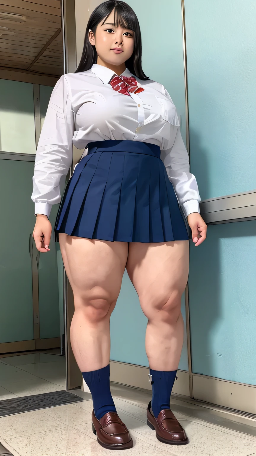 32k,Highest quality,Realistic,A high school girl wearing a button-up collared shirt and a navy blue pleated skirt,A Japanese high school girl is standing,Strong legs(((loafers,Standing in the city,Voluptuous big thighs, thick leg muscles, Wide Hips, Her huge legs overwhelm you,Very thick legs,Lower body fat,muscularな下半身の筋肉,Full Body Shot))),muscular,White skin,Black loafers,School bag