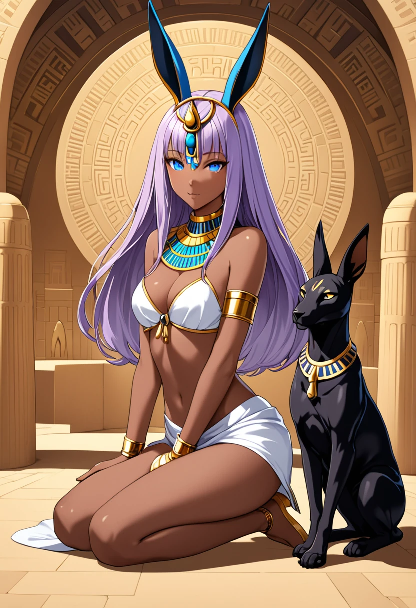 Highest quality,Light purple hair,Blue Eyes,Thin brown skin,beautiful girl,Anubis, Bunny ears,whole body