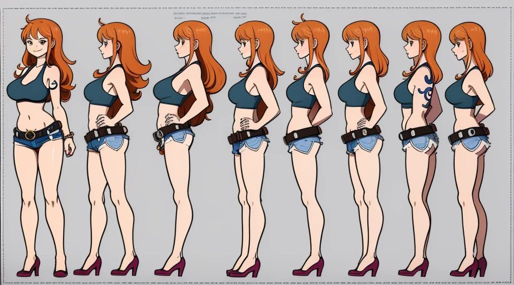 ((Best Quality)), ((Masterpiece)), (((detailed character sheet, frontal view, side view, three quarter view))) white background、one piece、US、whole body、whole bodyイラスト、whole bodyアニメーション、whole bodyリファレンスシート、denim、Tank top、High heels、Swimwear、Bikini、original、New World、Long Hair、Orange Hair、Tattoo on left arm、Ring belt、Heighten your head、smile、Cute face、Big Breasts、Narrow waist、Long legs、Beautiful feet、9 heads