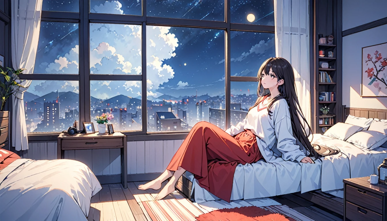 (Highest quality), Girl relaxing in her room,Large windows,Night view