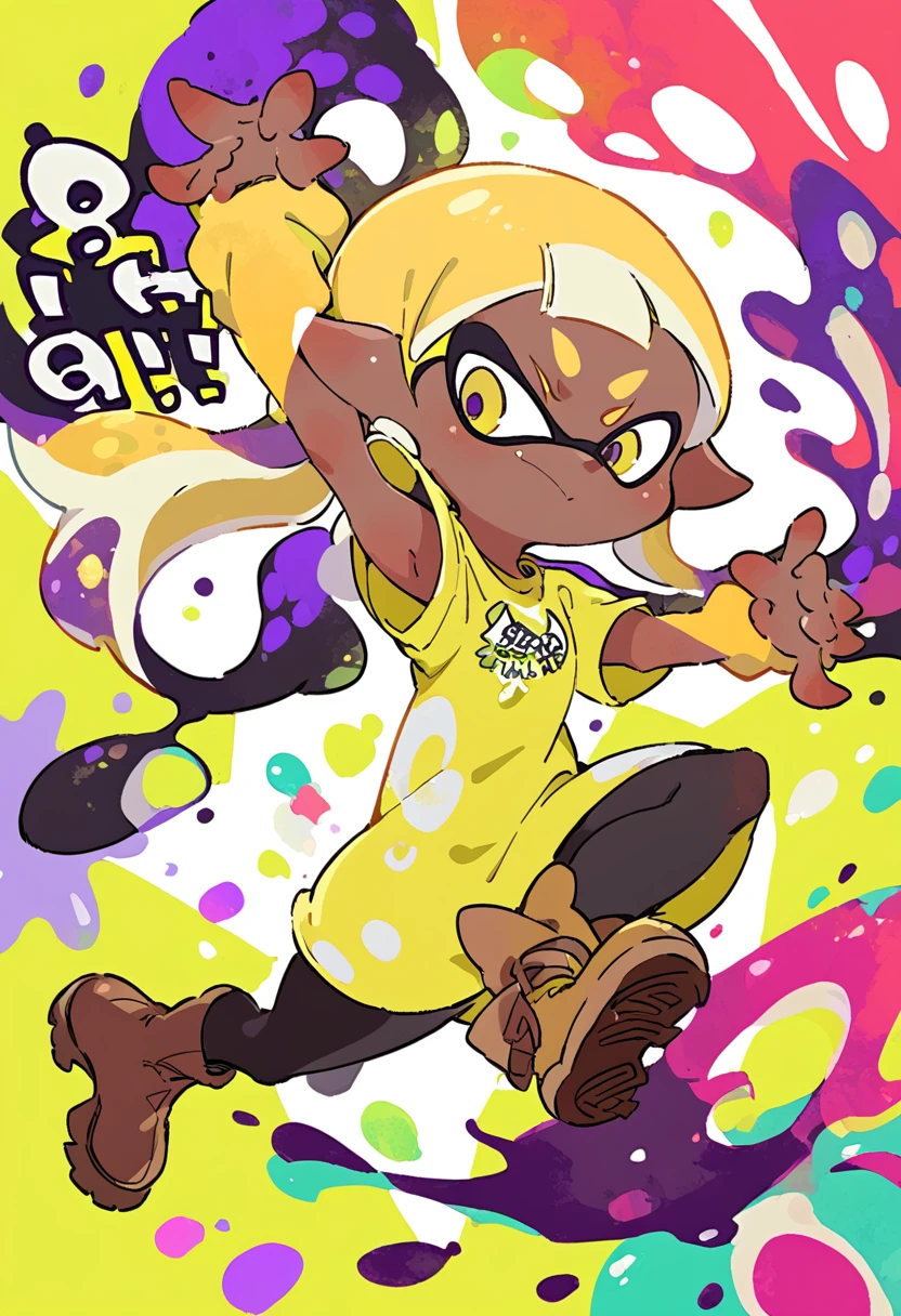 Splatoon dark-skinned inkling with white and yellow hair, wearing a yellow tee and brown boots