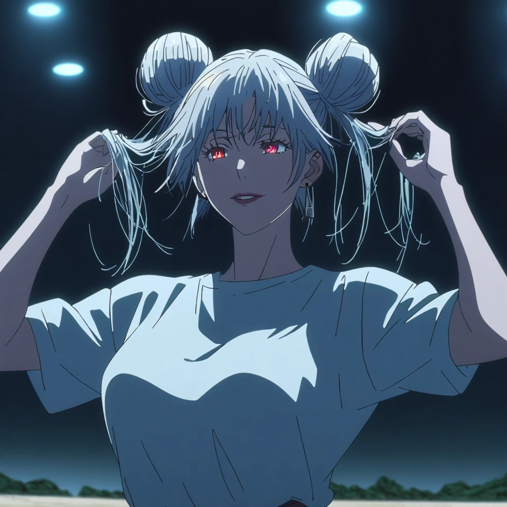 1girl, female gojo satoru, anime screencap from jujutsu kaisen, gojo satoru female version, solo, long_hair, Red eyes (silver_hair)), night view, (hanging breasts) upper_body, smile, indoors, book, red_eyes, lips, (hair bun) ((wearing Shirt, beach view)) breast, "very detailed and high resolution" (Red eyes) (cross arms)  (( hair bun)) ((loose tendrils )) ((solo)) (front view) (earings) ((high resolution)) ((good quality)) 