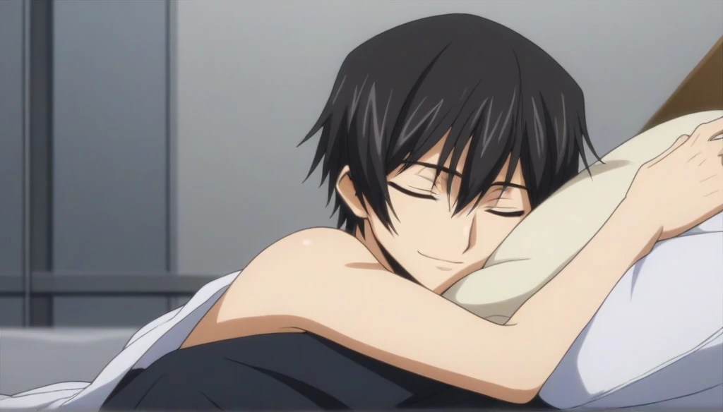 score_9, score_8_up, score_7_up, source_anime, rating_safe, intricate details, anime screencap, , , looking at viewer, depth of field, 1boy, solo, male focus, lelouch_lamperouge, black hair, purple eyes, bangs, smile, closed eyes, sleeping, cute, black swim trunks costume, bed room, day.